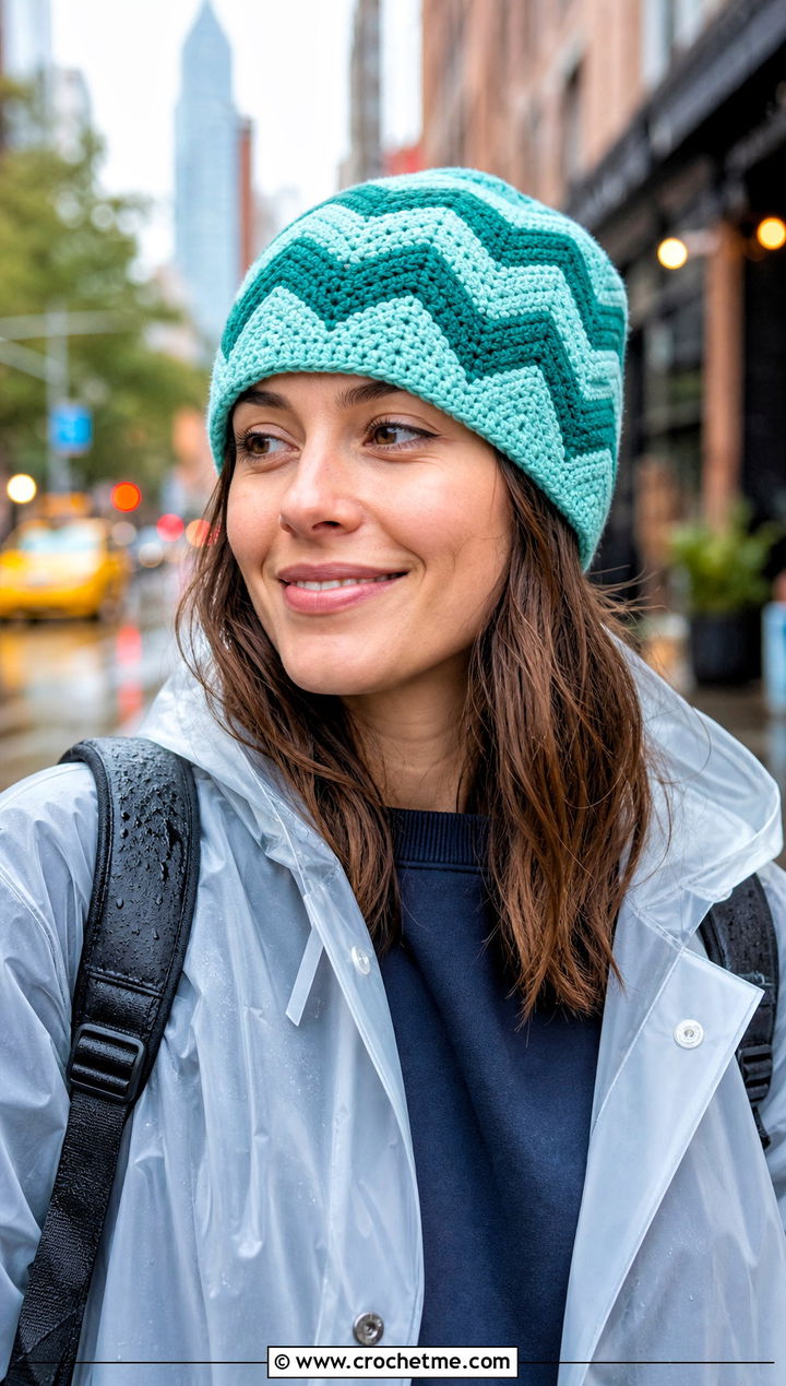 Chevron Crochet Rectangle Beanie With Raincoat And Rubber Boots - 25 Crochet Rectangle Beanie outfit ideas