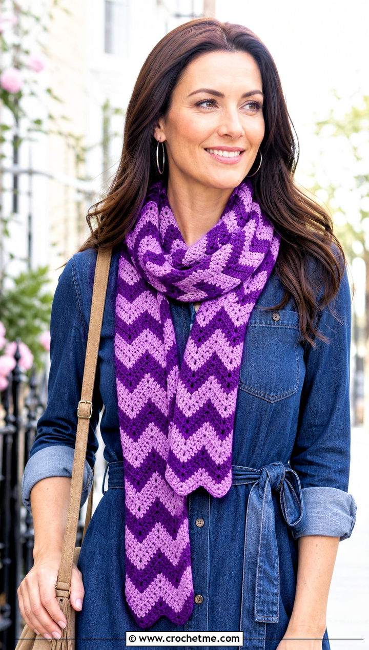 Chevron Crochet Roll Up Scarf With Denim Dress - 25 Crochet Roll Up Scarf outfit ideas