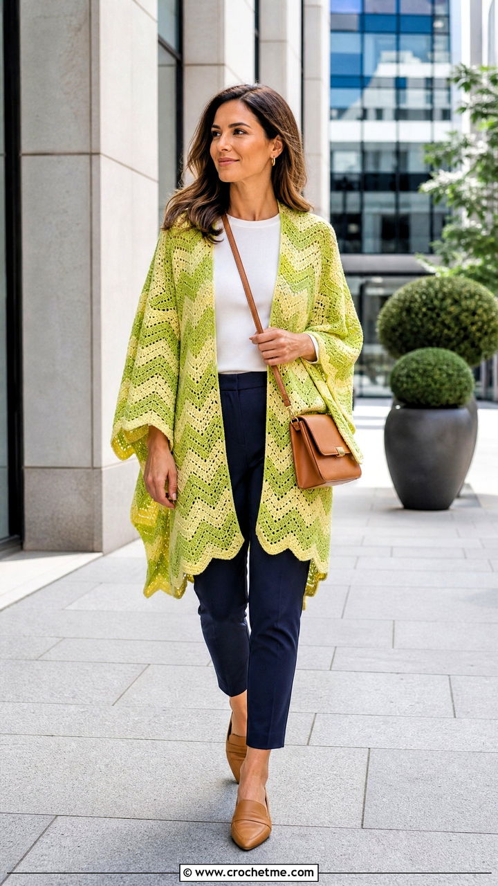 Chevron Crochet Ruana With Ankle Trousers - 35 crochet ruana outfit ideas