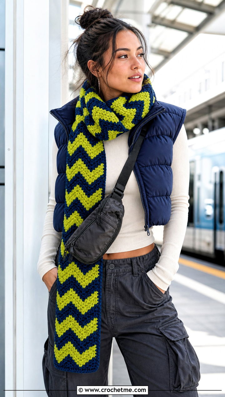 Chevron Crochet Sally Scarf With Puffer Vest And Cargo Pants - 20 Crochet Sally Scarf outfit ideas