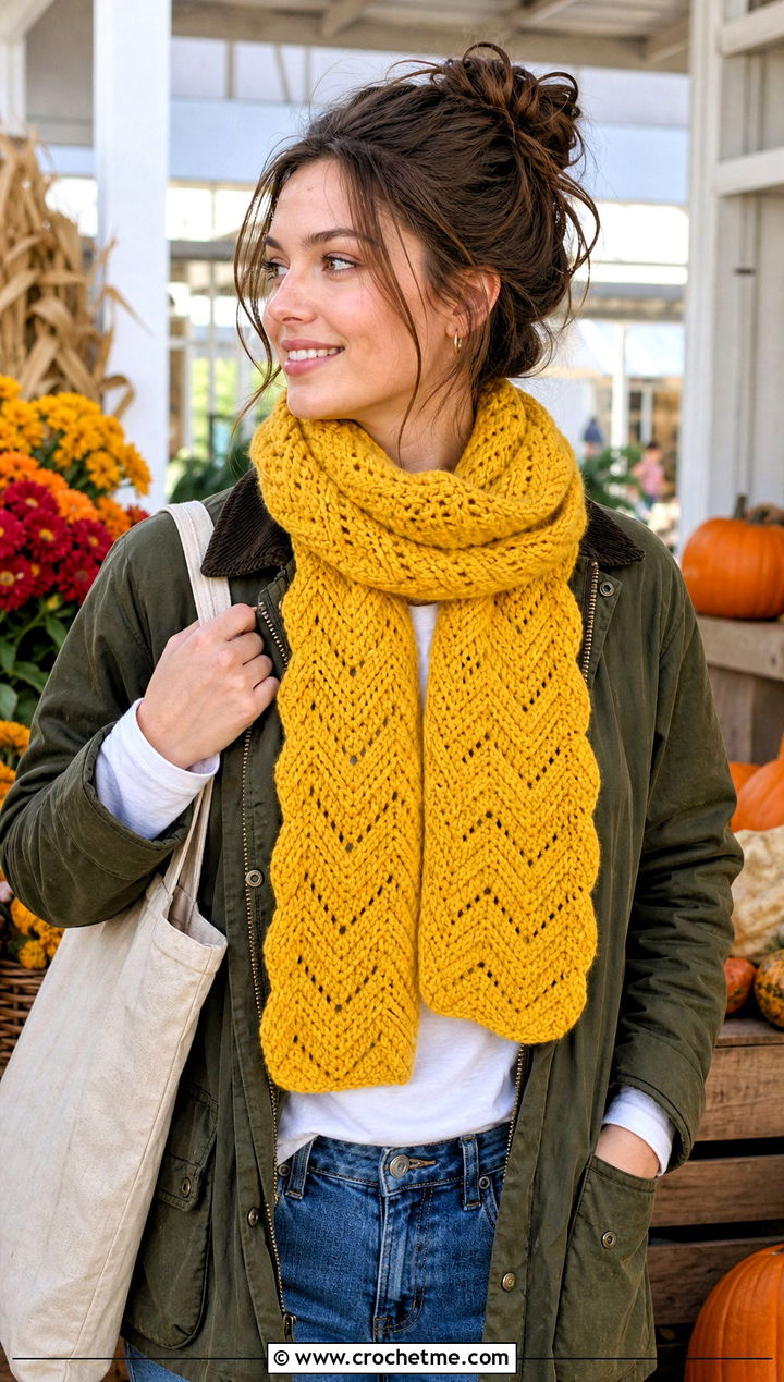 Chevron Crochet Scarf With Barn Jacket And Barrel Jeans - 25 Tiny Crochet Scarf outfit ideas