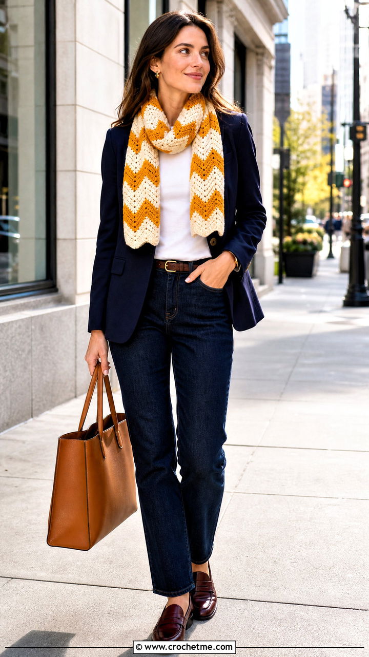Chevron Crochet Scarf With Blazer And Jeans - 35 beginner crochet scarf outfit ideas