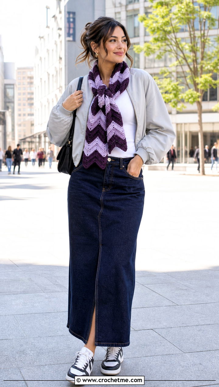Chevron Crochet Scarf With Bomber Jacket And Denim Maxi Skirt - 25 pretty crochet scarf outfit ideas