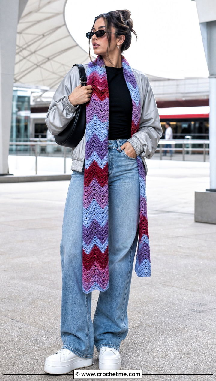Chevron Crochet Scarf With Bomber Jacket And Jeans - 35 crochet scarves outfit ideas