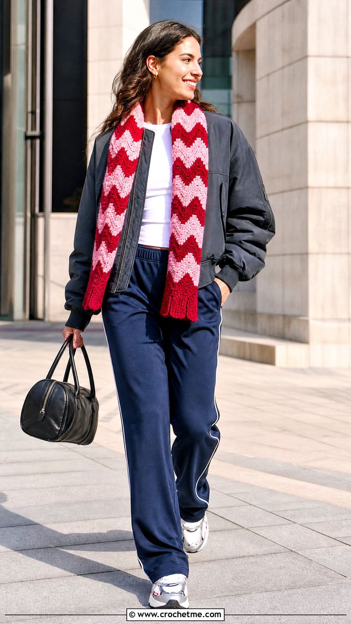 Chevron Crochet Scarf With Bomber Jacket And Track Pants - 35 quick crochet scarf outfit ideas