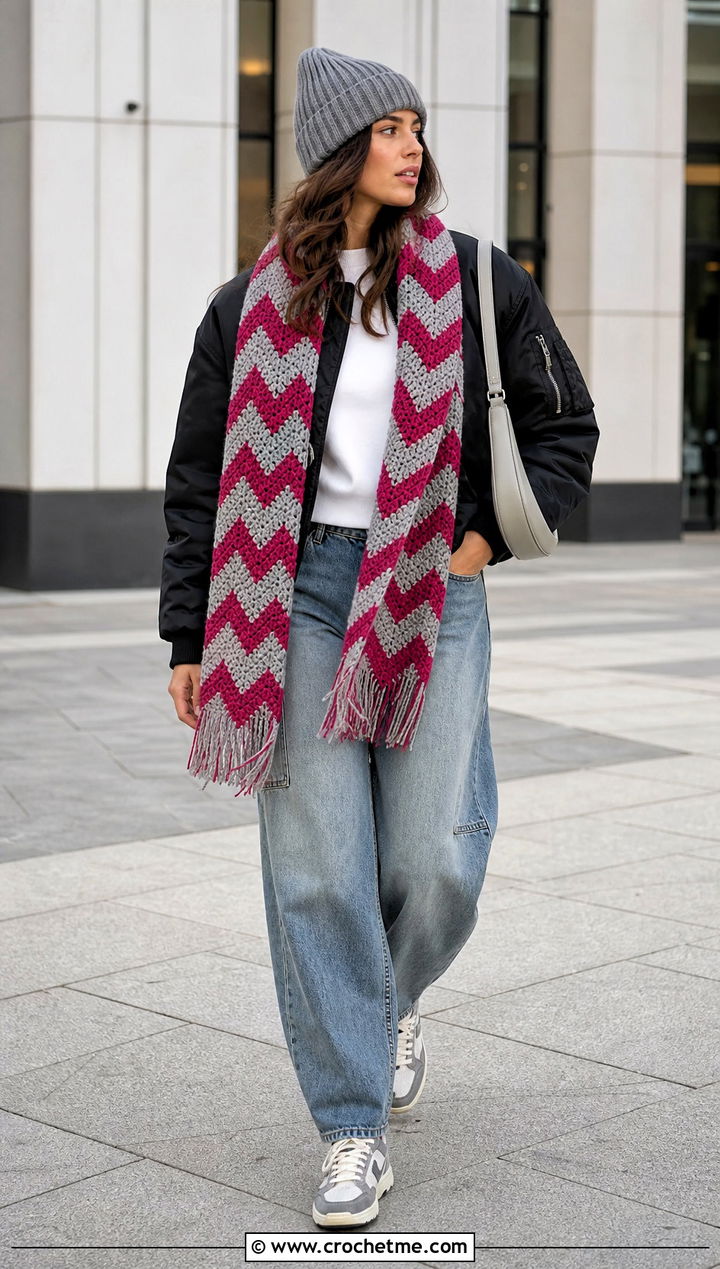 Chevron Crochet Scarf With Bomber Jacket and Barrel Jeans - 35 Winter Crochet Scarf outfit ideas