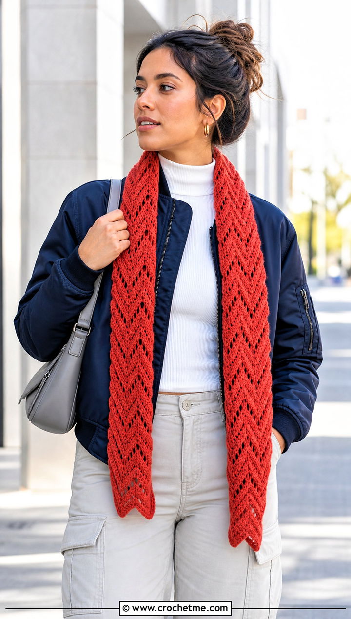 Chevron Crochet Scarf With Bomber Jacket - 25 Crochet For Beginners Scarf outfit ideas