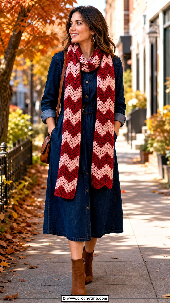 Chevron Crochet Scarf With Denim Dress - 35 easy crochet scarf outfit ideas