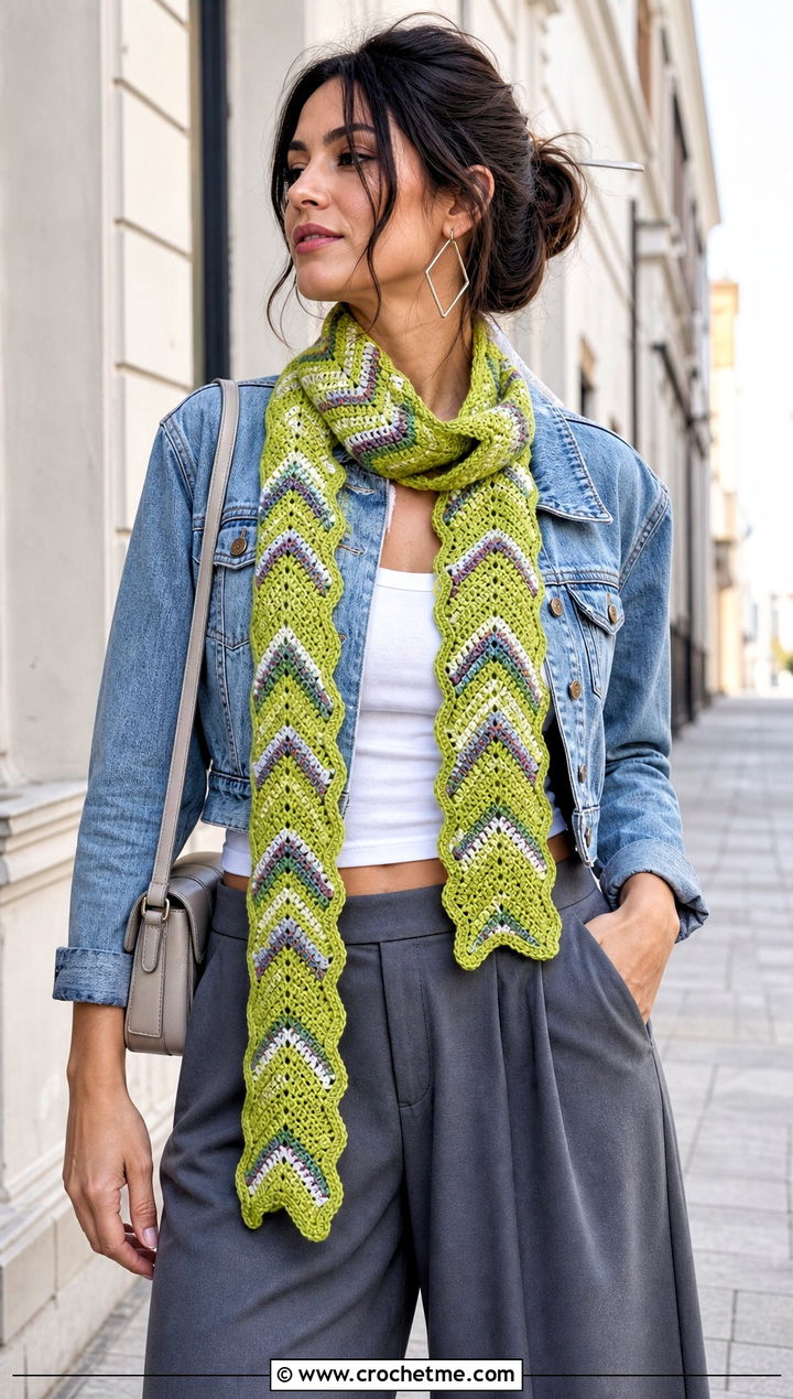Chevron Crochet Scarf With Denim Jacket And Wide Leg Pants - 15 elegant crochet scarf design outfit ideas