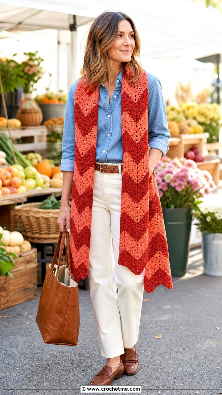 Chevron Crochet Scarf With Denim Shirt - 35 easy crochet scarves outfit ideas