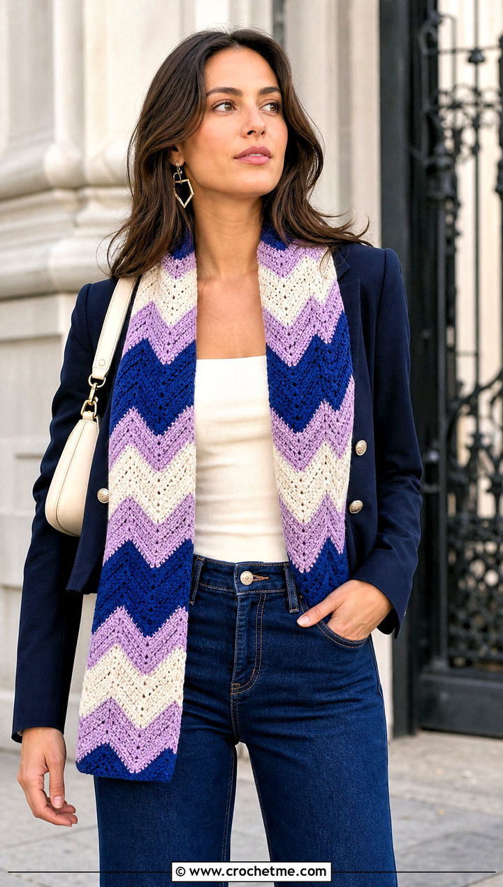 Chevron Crochet Scarf With Flare Jeans - 25 denim and crochet scarf outfit ideas