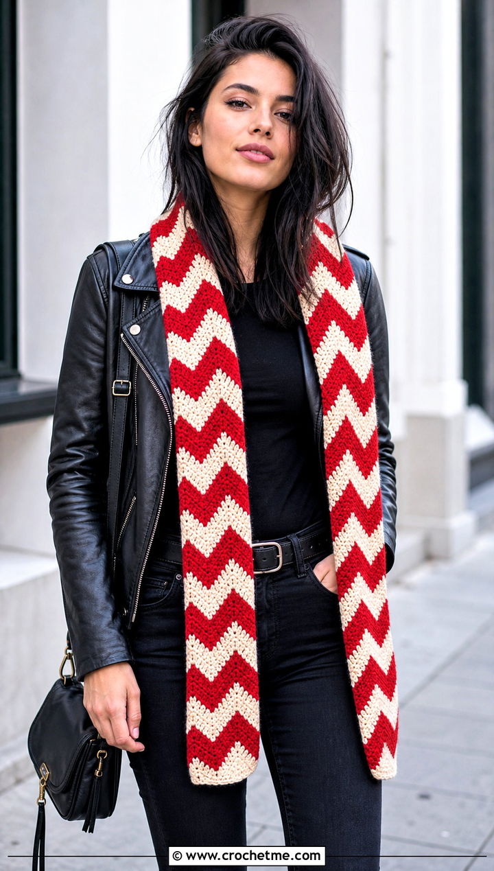 Chevron Crochet Scarf With Leather Jacket - 25 boho crochet scarf outfit ideas