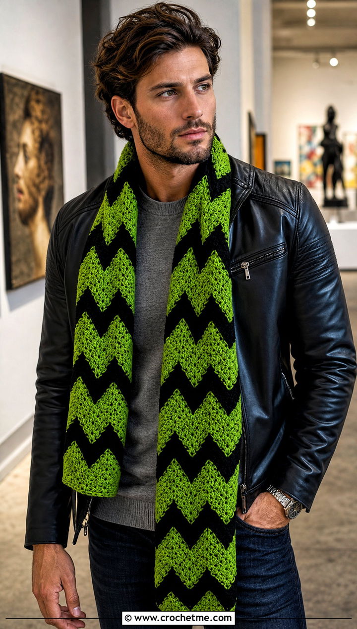 Chevron Crochet Scarf With Leather Jacket - 20 Mens Winter Crochet Scarf outfit ideas