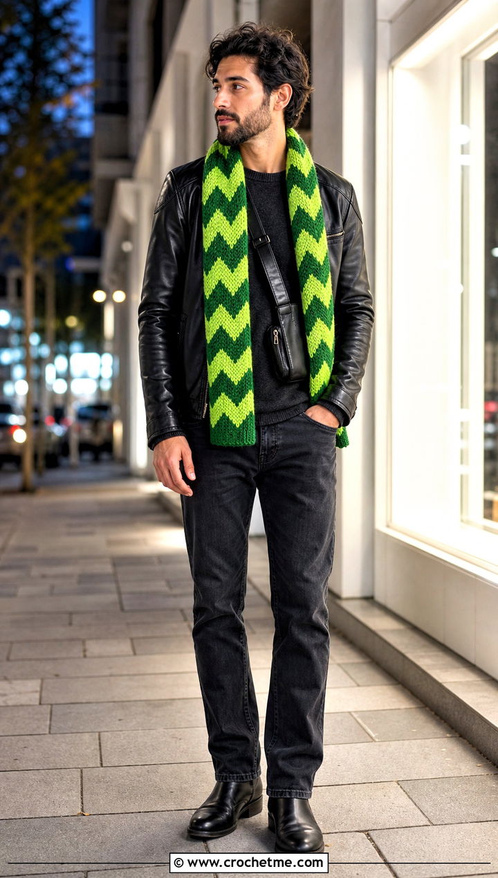 Chevron Crochet Scarf With Leather Jacket - 35 men crochet scarf outfit ideas