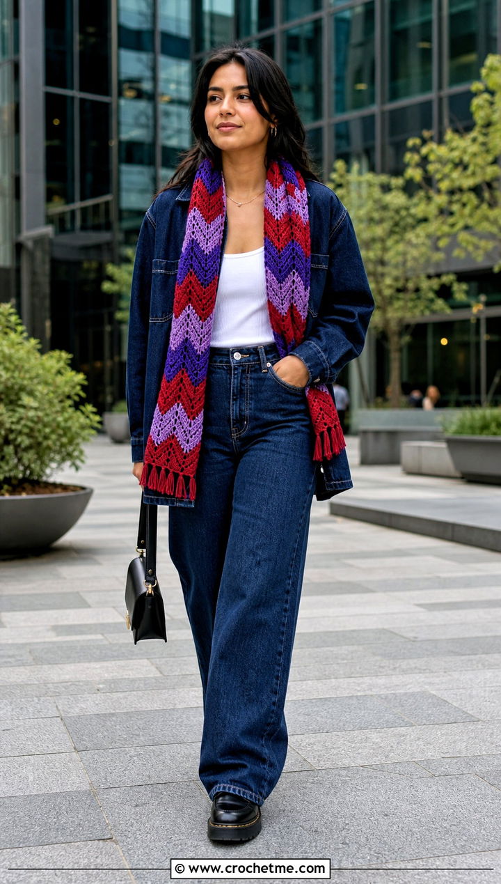 Chevron Crochet Scarf With Matching Denim Set - 35 crochet neck scarf outfit ideas