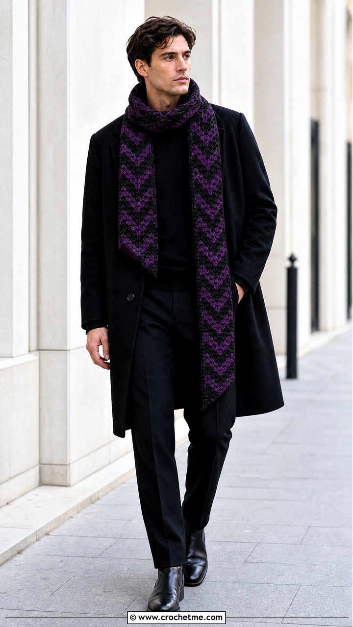 Chevron Crochet Scarf With Monochrome Black Outfit - 35 crochet scarf for men outfit ideas
