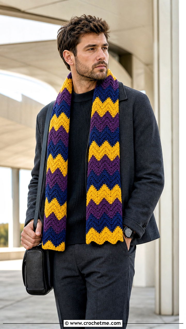 Chevron Crochet Scarf With Monochrome Knitwear - 30 male crochet scarf outfit ideas