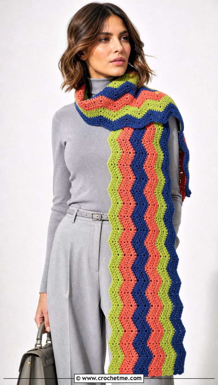 Chevron Crochet Scarf With Monochrome Outfit - 30 unique crochet scarf outfit ideas