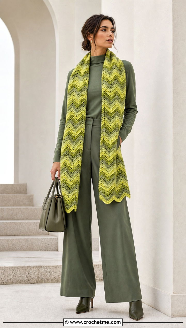 Chevron Crochet Scarf With Monochrome Outfit - 35 crocheted scarf outfit ideas