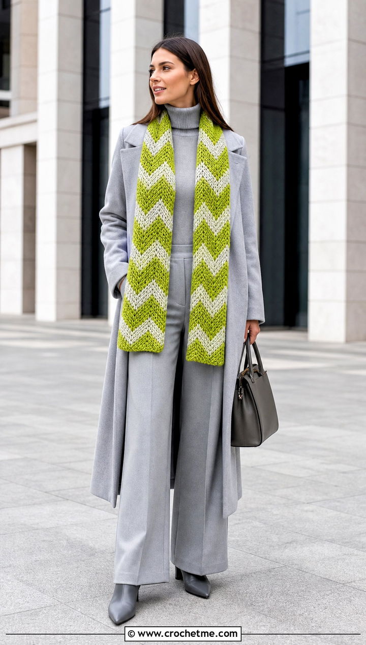 Chevron Crochet Scarf With Monochrome Outfit - 35 cute crochet scarf outfit ideas