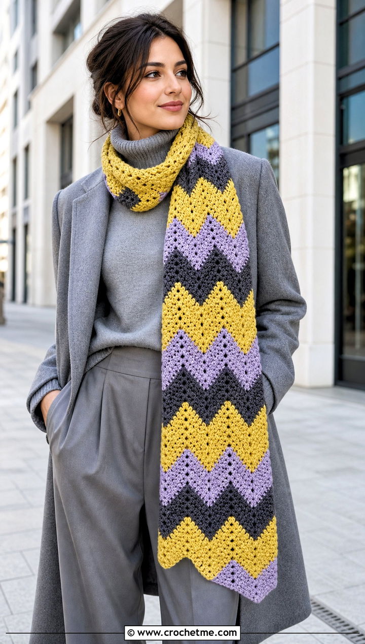 Chevron Crochet Scarf With Monochrome Outfit - 25 crochet scarf design ideas