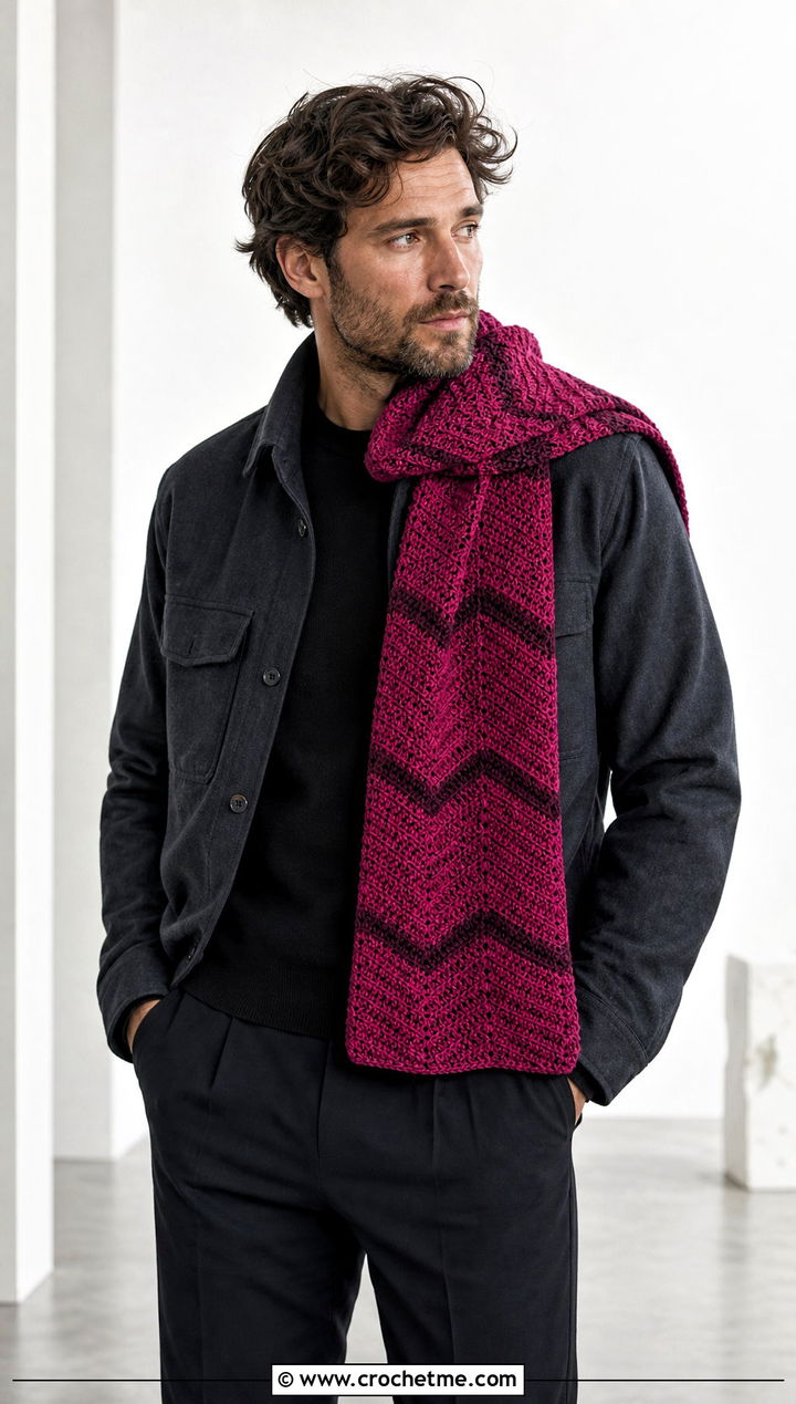 Chevron Crochet Scarf With Monochrome Outfit - 30 easy crochet scarf men outfit ideas