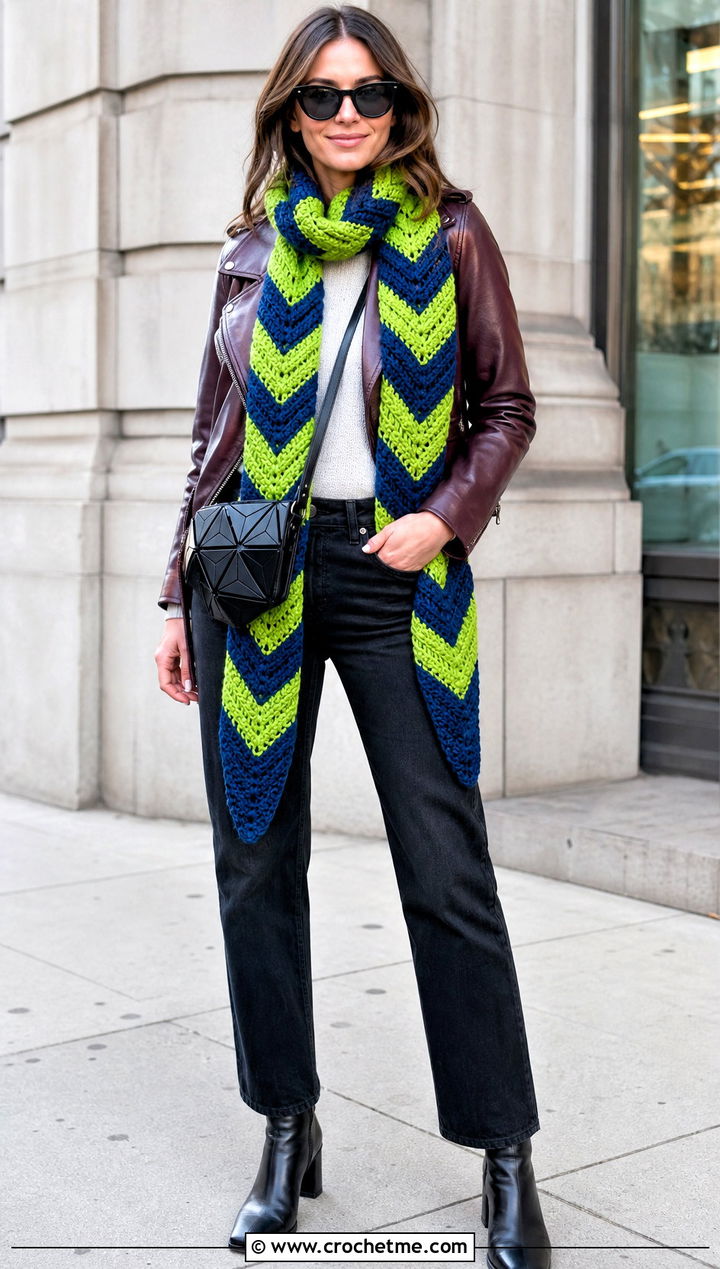 Chevron Crochet Scarf With Moto Jacket - 35 fall crochet scarf outfit ideas