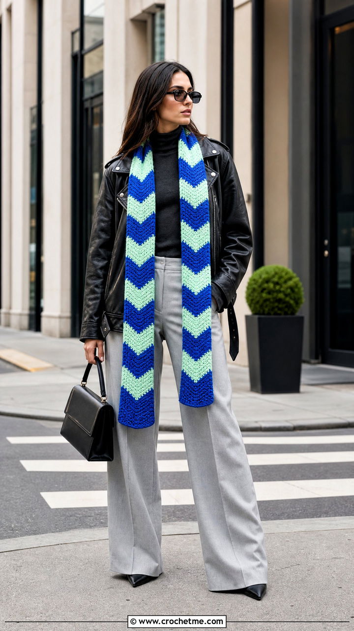 Chevron Crochet Scarf With Moto Jacket - 35 crochet scarf ideas