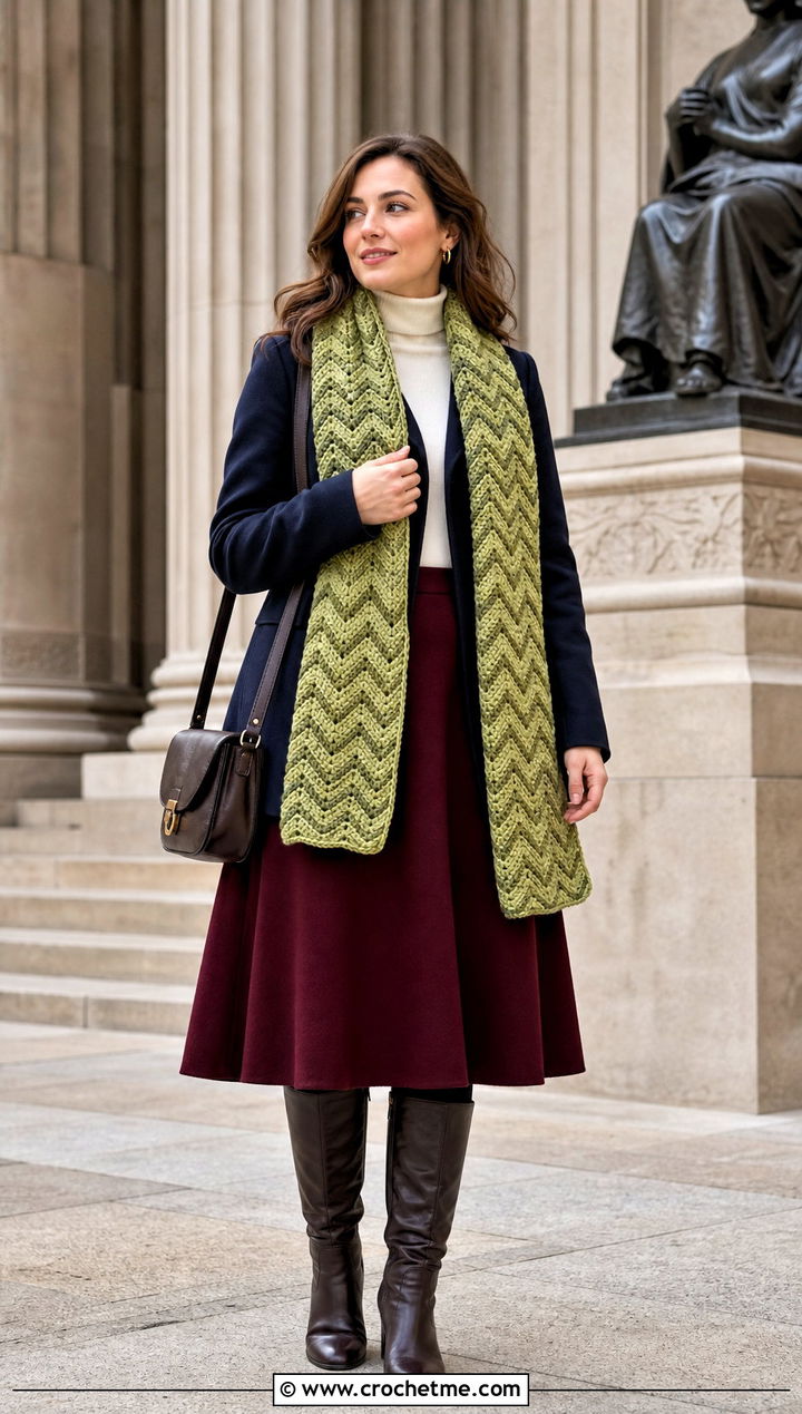 Chevron Crochet Scarf With Peacoat And Midi Skirt - 35 Winter Crochet Scarfs For Women outfit ideas