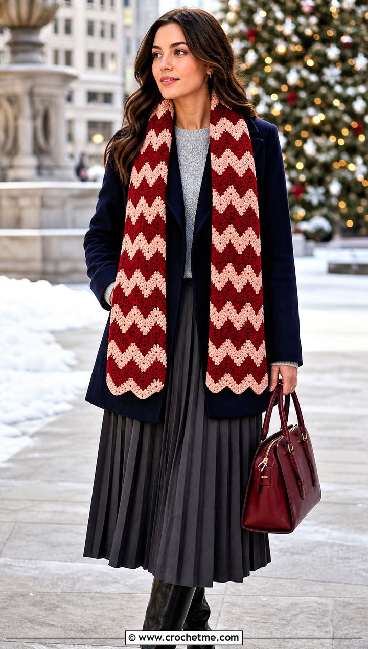 Chevron Crochet Scarf With Peacoat And Pleated Skirt - 20 Elegant Crochet Scarf outfit ideas