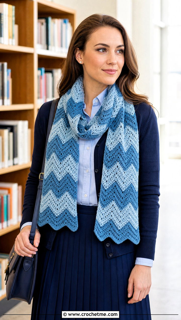 Chevron Crochet Scarf With Preppy Cardigan - 15 beginner crochet scarf design outfit ideas