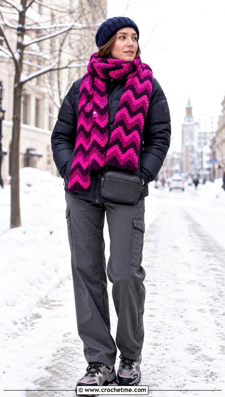 Chevron Crochet Scarf With Puffer Jacket And Cargo Pants - 15 Crochet Fancy Scarf outfit ideas