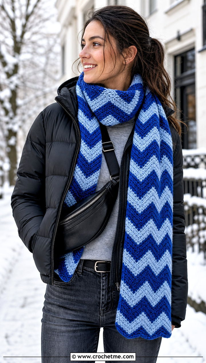 Chevron Crochet Scarf With Puffer Jacket - 25 Wednesday Crochet Scarf outfit ideas