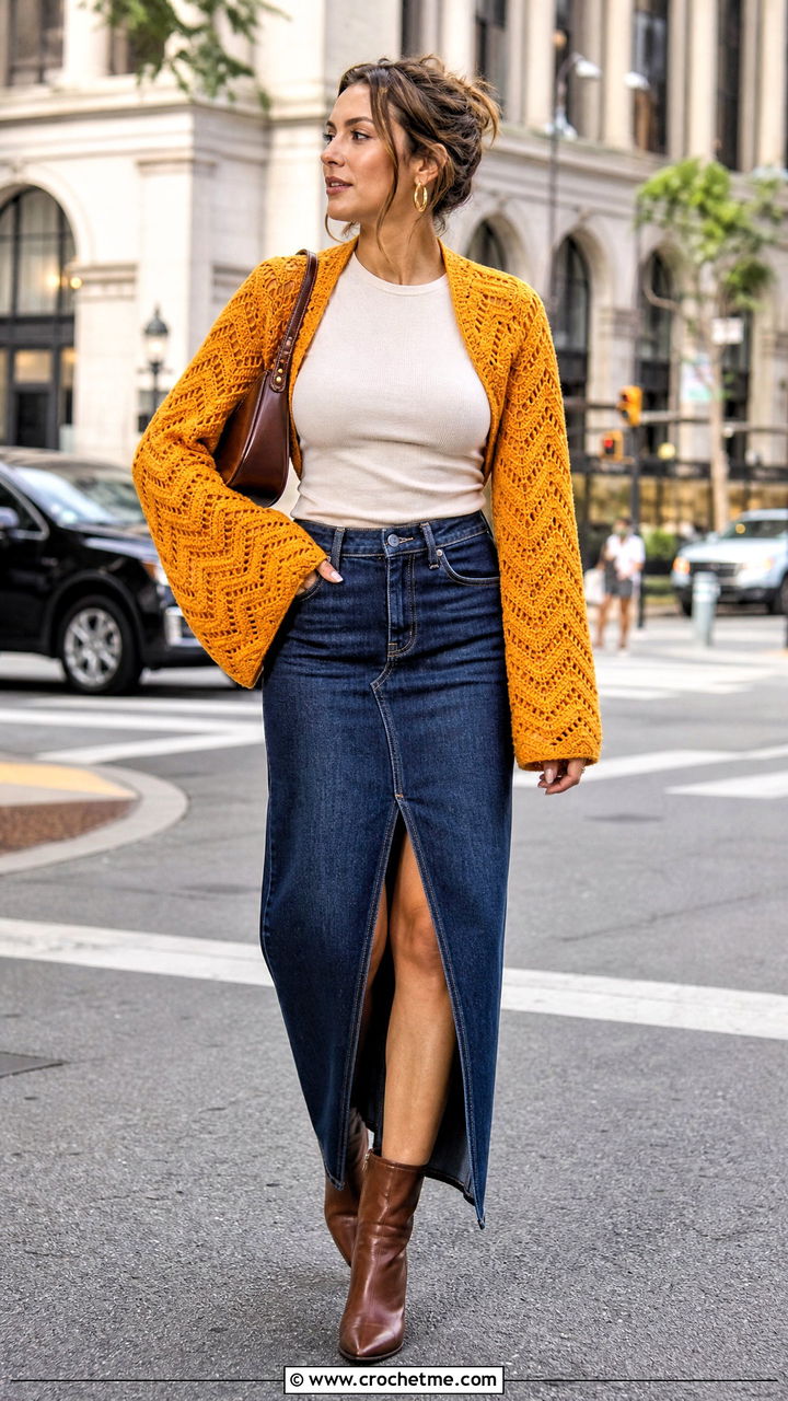 Chevron Crochet Scarf With Sleeves And Denim Maxi Skirt - 35 crochet scarf with sleeves outfit ideas