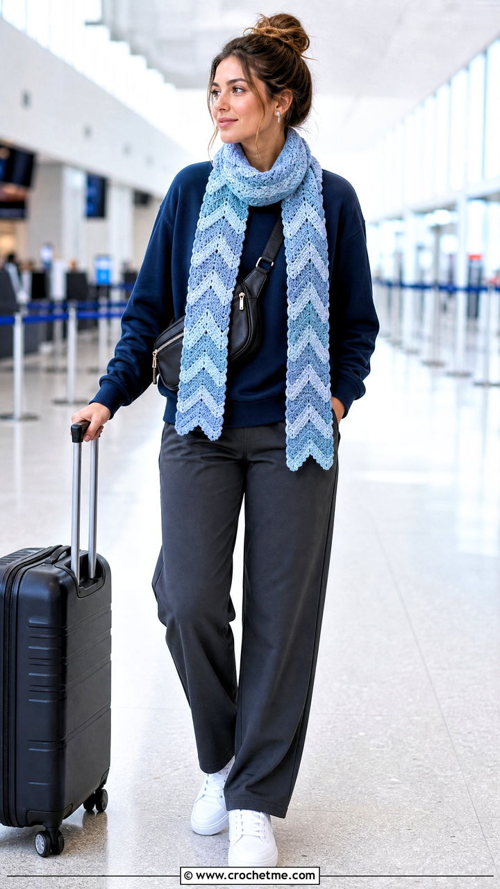 Chevron Crochet Scarf With Sweatshirt and Track Pants - 35 easy one skein crochet scarf outfit ideas