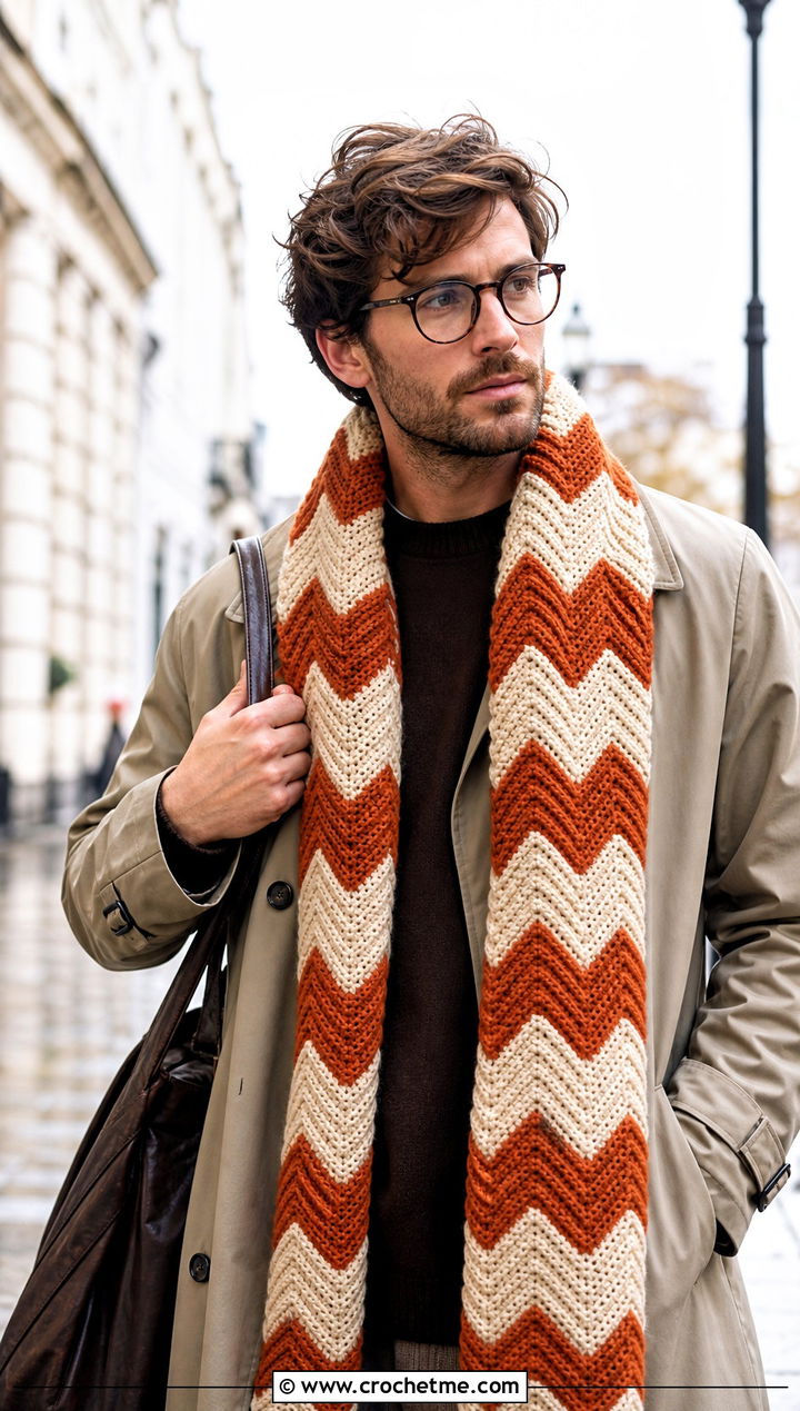 Chevron Crochet Scarf With Trench Coat - 20 men's crocheted scarf outfit ideas
