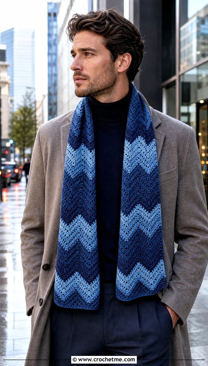 Chevron Crochet Scarf With Trench Coat - 30 Mens Crochet Scarf outfit ideas