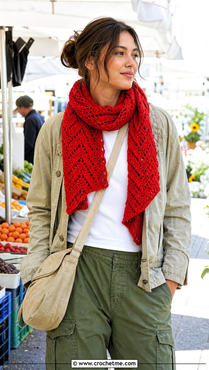 Chevron Crochet Scarf With Utility Jacket - 25 crochet for scarfs outfit ideas