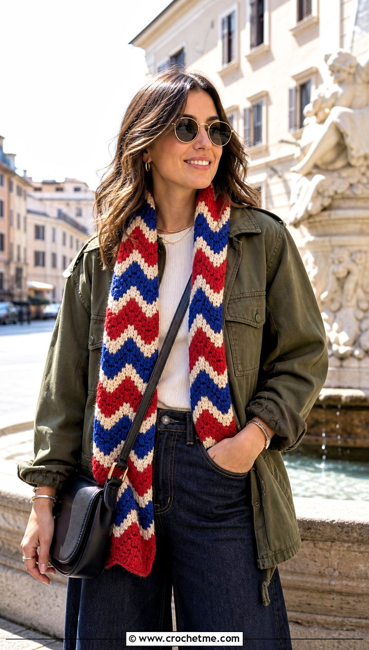 Chevron Crochet Scarf With Utility Jacket - 15 Textured Crochet Scarf Design outfit ideas