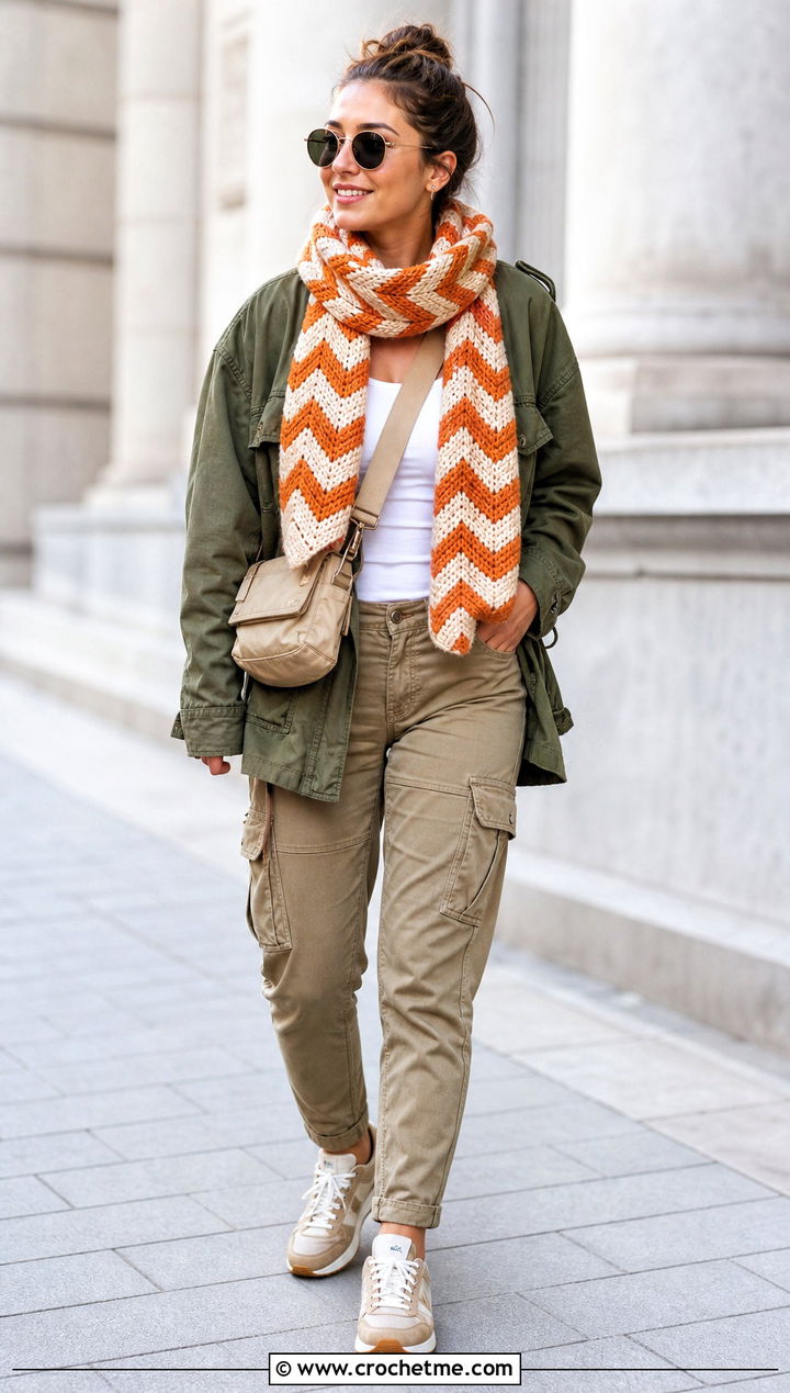 Chevron Crochet Scarf With Utility Jacket And Cargo Pants - 35 small crochet scarf outfit ideas