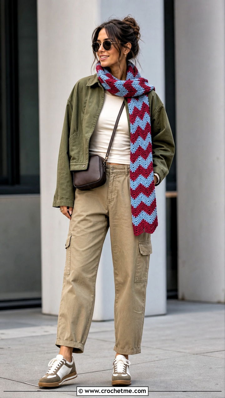 Chevron Crochet Scarf With Utility Jacket And Cargo Pants - 35 easy crochet scarf for beginners outfit ideas