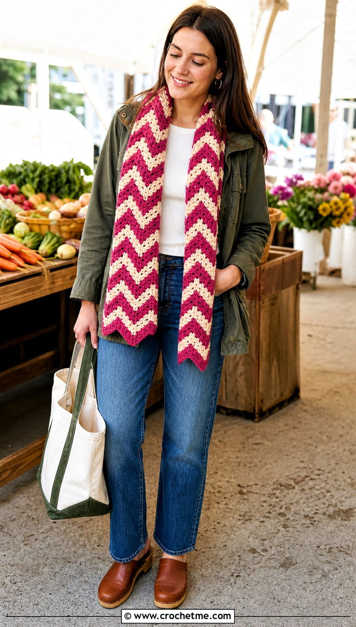 Chevron Crochet Scarf With Utility Jacket And Clogs - 25 Crochet Fun Scarf outfit ideas