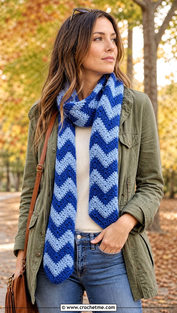 Chevron Crochet Scarf With Utility Jacket And Jeans - 25 Quick And Easy Crochet Scarf outfit ideas
