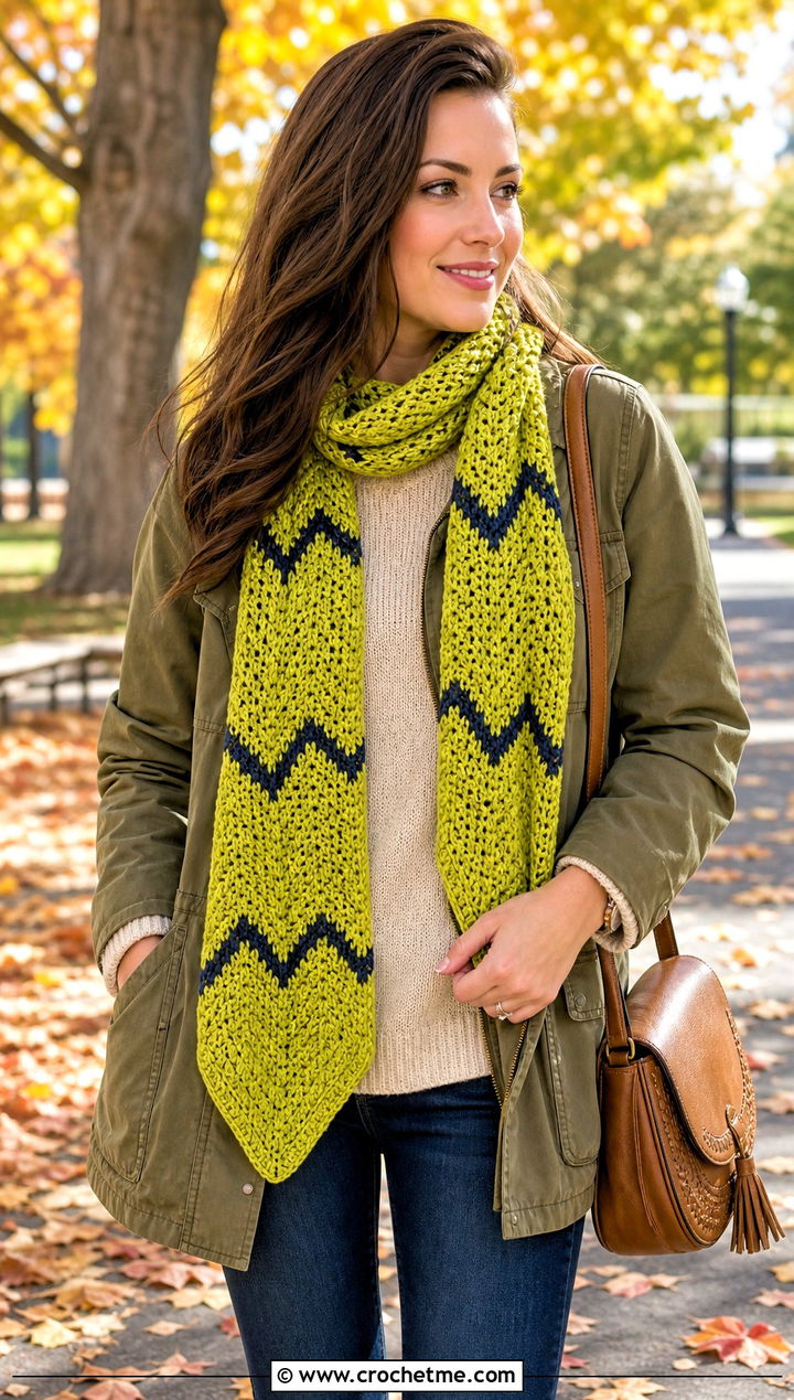 Chevron Crochet Scarf With Utility Jacket - 30 autumn crochet scarf outfit ideas