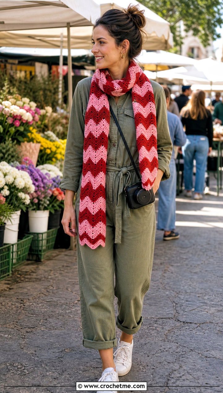 Chevron Crochet Scarf With Utility Jumpsuit And Sneakers - 35 summer crochet scarf outfit ideas