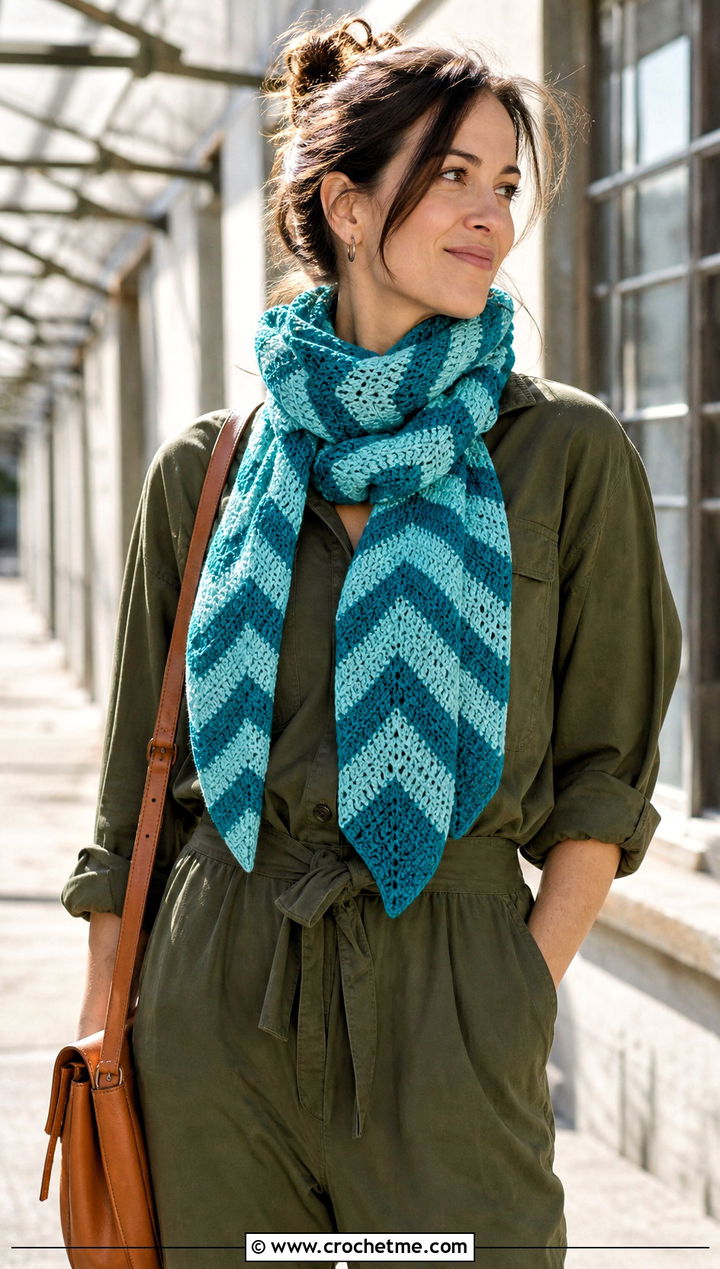 Chevron Crochet Scarf With Utility Jumpsuit - 30 easy crochet scarfs outfit ideas