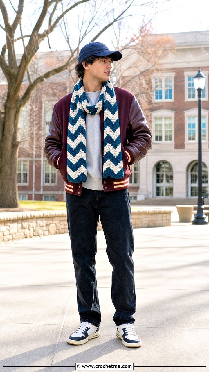 Chevron Crochet Scarf With Varsity Jacket - 35 men's crochet scarf outfit ideas