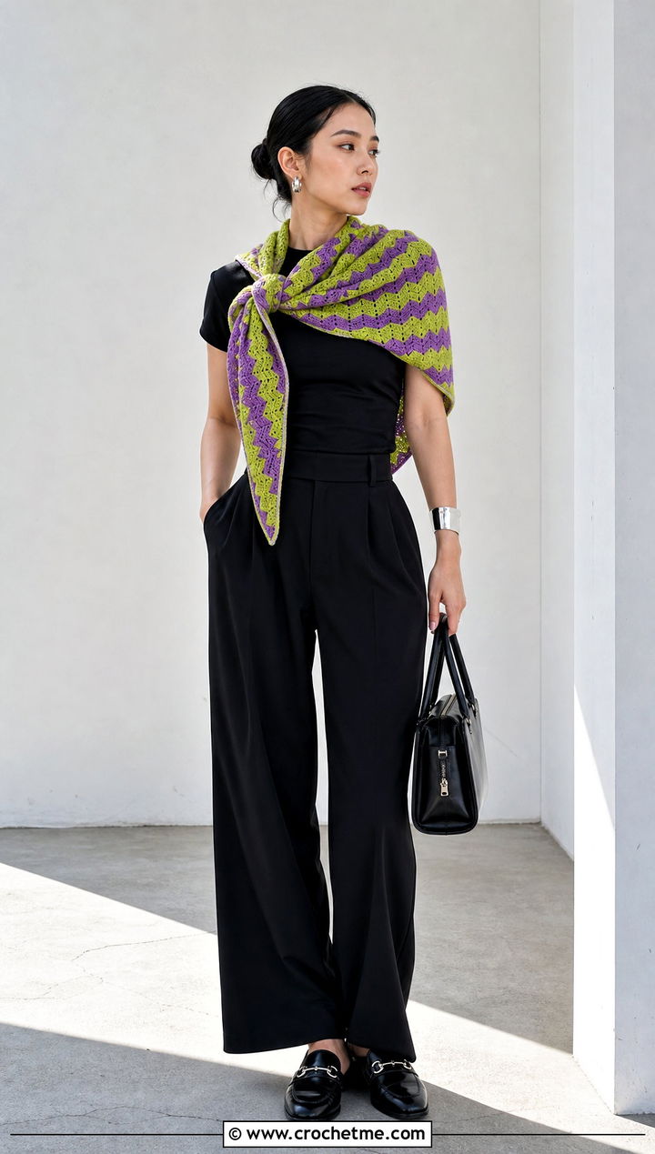 Chevron Crochet Scarflet With Black Top And Black Trousers - 35 crochet mini scarf outfit ideas