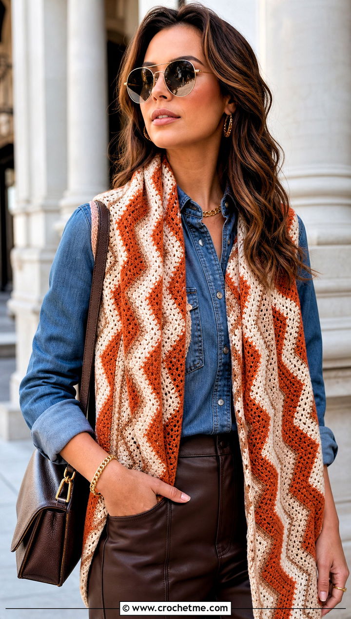 Chevron Crochet Shawl Scarf With Denim Shirt - 30 crochet shawl scarf outfit ideas