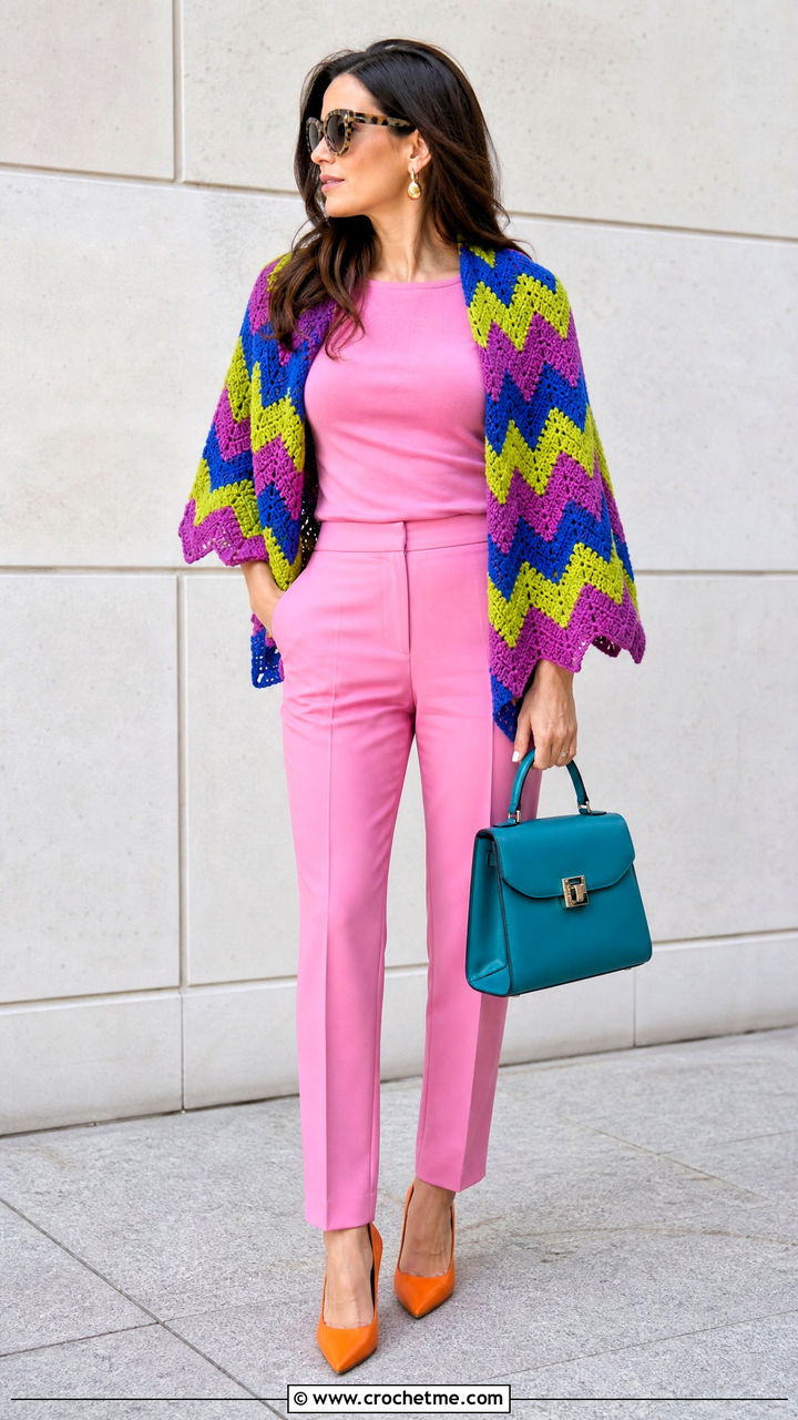 Chevron Crochet Shawl With A Monochrome Pants Outfit - 35 crochet shawl outfit ideas